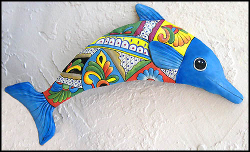 Hand painted metal dolphin wall hanging - Tropical metal garden and patio art - Handcrafted in Haiti from recycled steel drum
